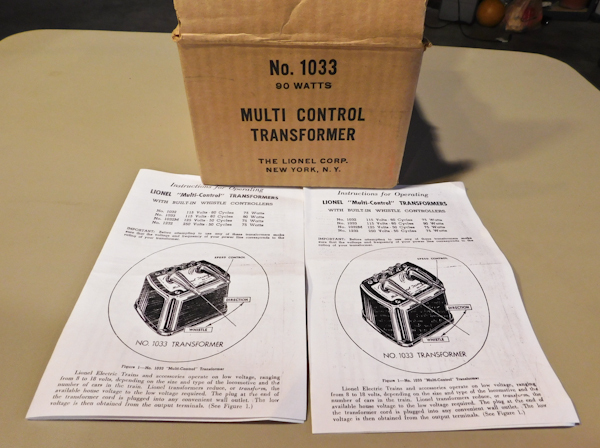 lot 3 image: Lionel Multi Control Transformer 90 Watts No. 1033 with original box
