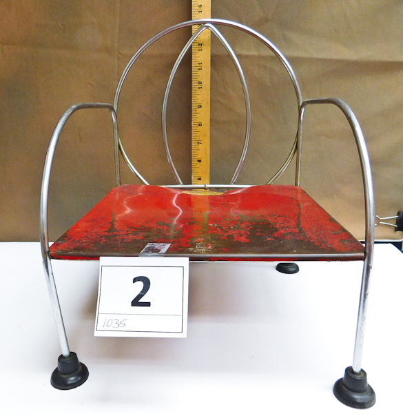 lot 2 image: Vintage Jack-n-Jill Kiddie Chair Red and chrome booster chair