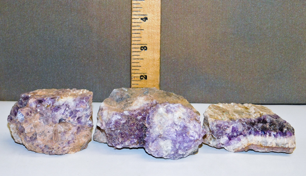lot 3 image: Three Canadian Amethyst clusters specimens weighing 2lbs total