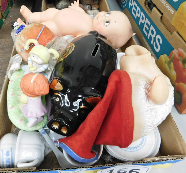 lot 166 image: lot of vintage toys Kewpie doll, piggy bank, mini tea set and more