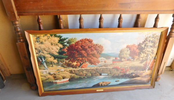 lot 201 image: twin bed headboard and a sofa sized framed mid century print