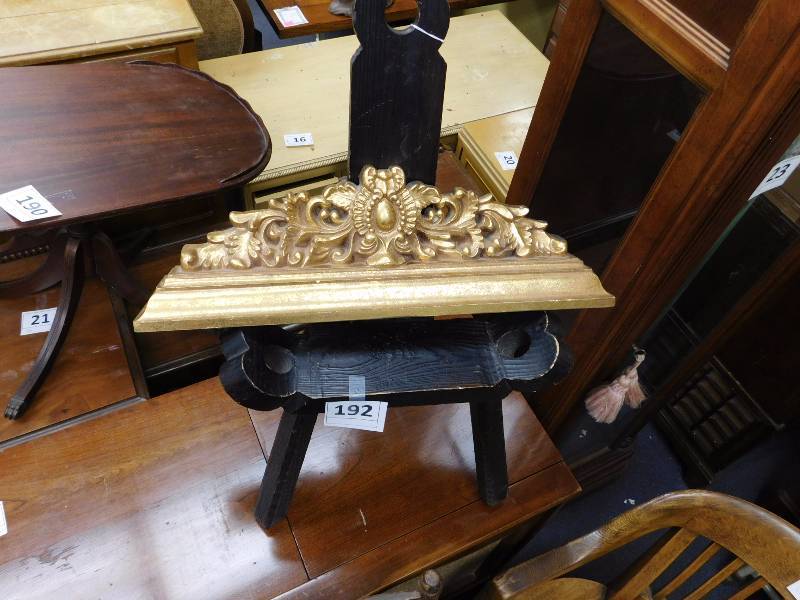 lot 192 image: three legged stool and ornate wall shelf