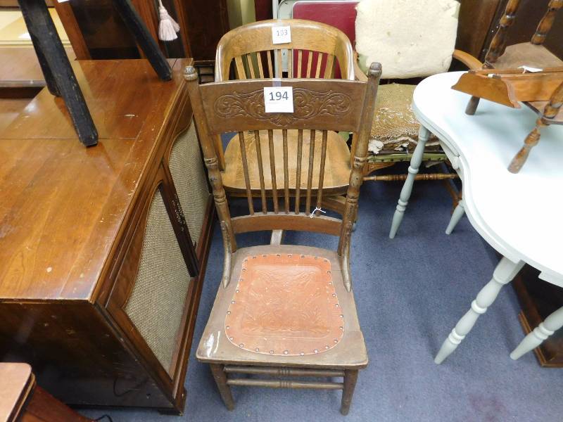 lot 194 image: vintage pressed back chair with leather seat in good condition