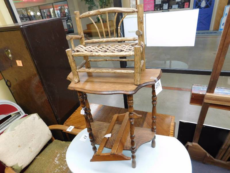 lot 195 image: wooden half table, wall shelf and a hand made mini bench