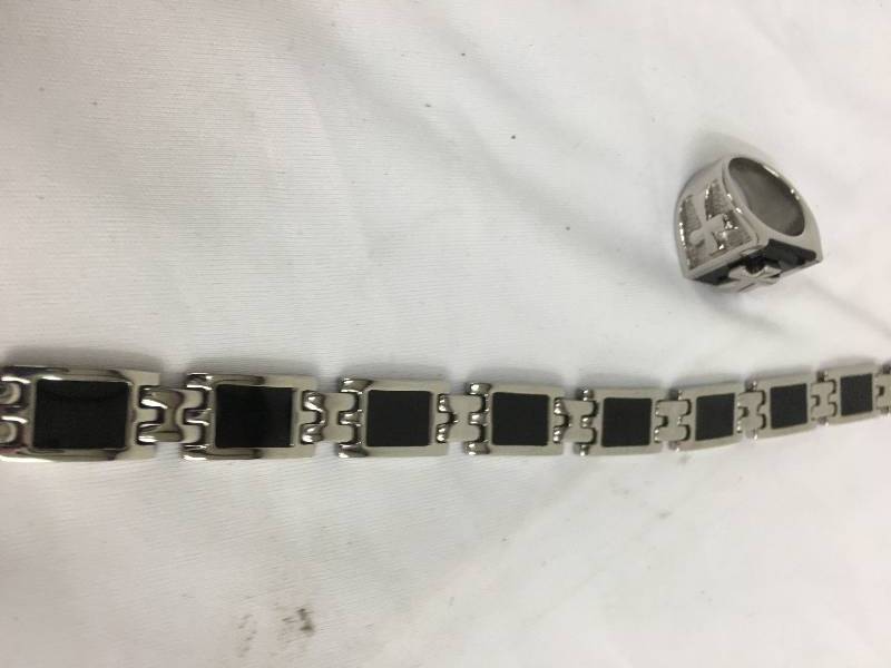 Stainless Steel Mens CZ Bracelet & Ring Set Retail $90 Size 13