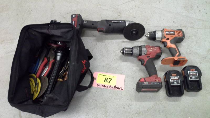 Misc. Bag of Tools, with Rigid and Milwaukee drill, and DieHard Grinder