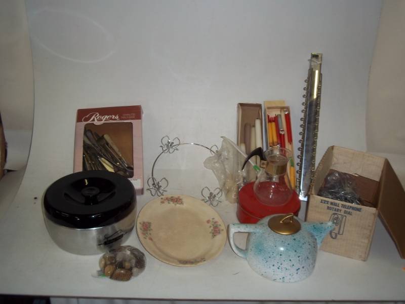 lot 191 image: Kitchen tins, candle with holders, tie rack, silverware, curtain hooks