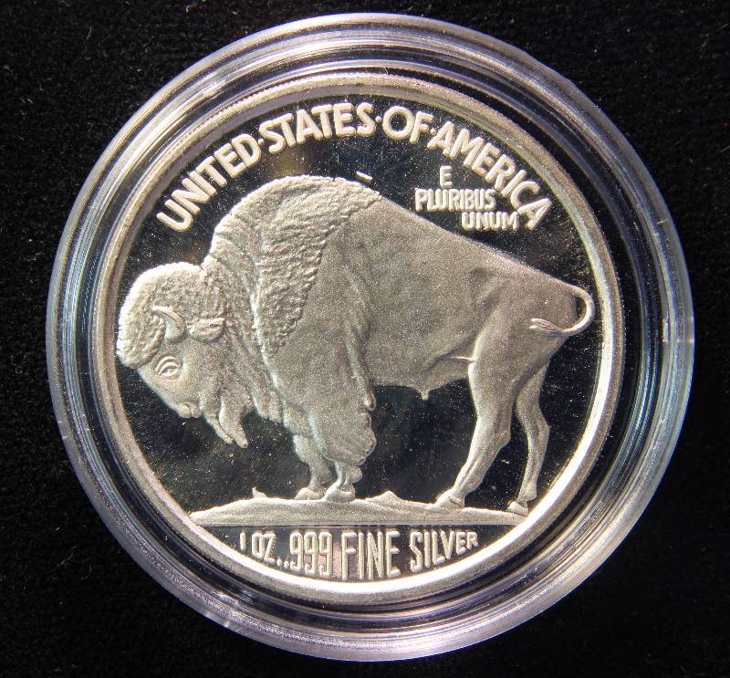 1 TROY OZ. .999 FINE SILVER INDIAN-BUFFALO DESIGN IN AIRTITE HOLDER