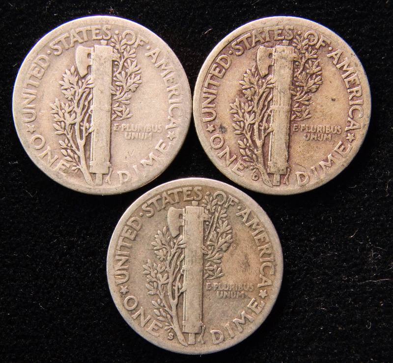 GROUP OF 3 SILVER MERCURY DIMES VG-VF