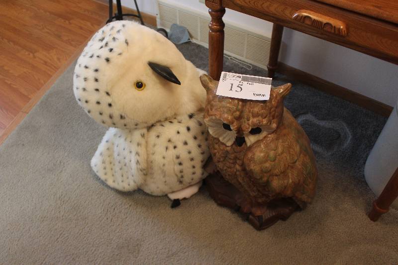 lot 15 image: Lot of (2) Home Decorations Including Ceramic Owl, Stuffed Owl