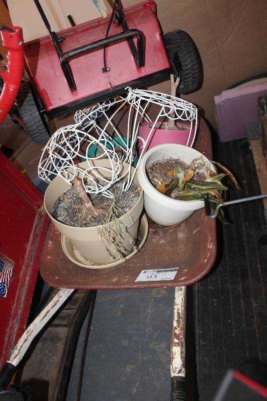lot 93 image: Lot of Garden Equipment Including Pots, Wheelbarrow, Spreader