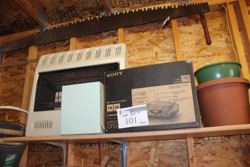 lot 101 image: Shelf Lot Including Space Heater, Sony Radio, Pots, And More