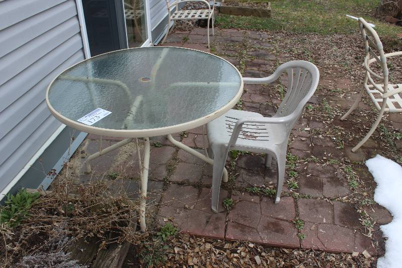 lot 173 image: Lot of (3) Patio Furniture Including Glass Top Table, 3-Chairs