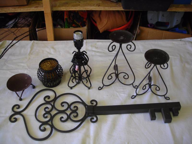 lot 7 image: Ornamental Metal Key, Candle Holders, Small Lamp