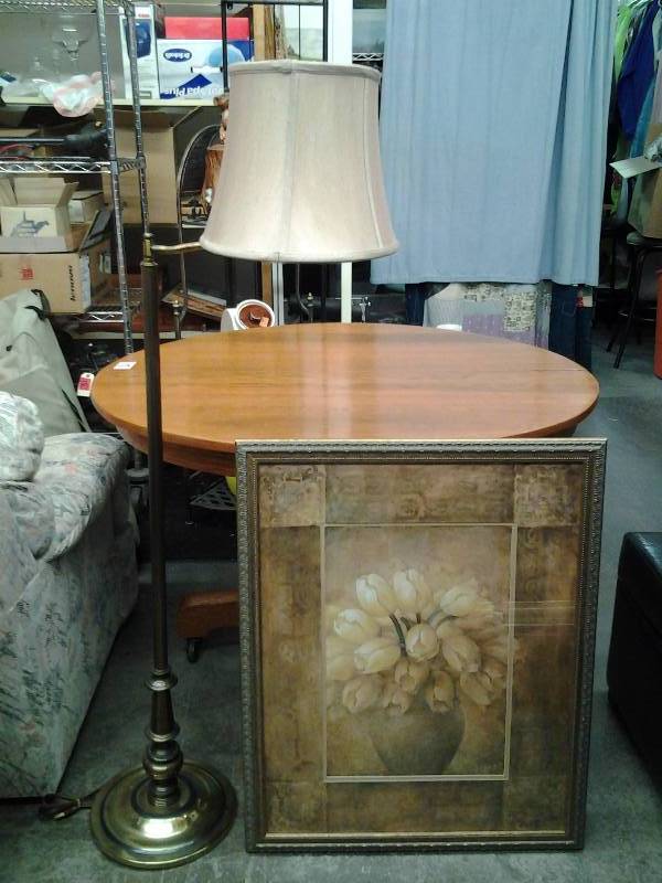 lot 24 image: Framed Floral Picture 25x31, Floor Lamp With Shade 54 Inch