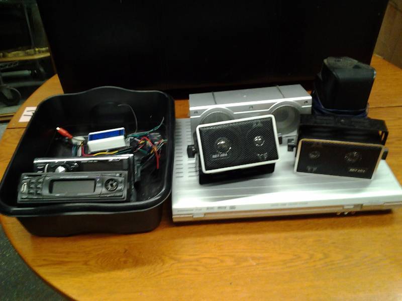 lot 66 image: Tote With Misc Electronics (Home Theater Amp, Random Speakers, Car Stereos)