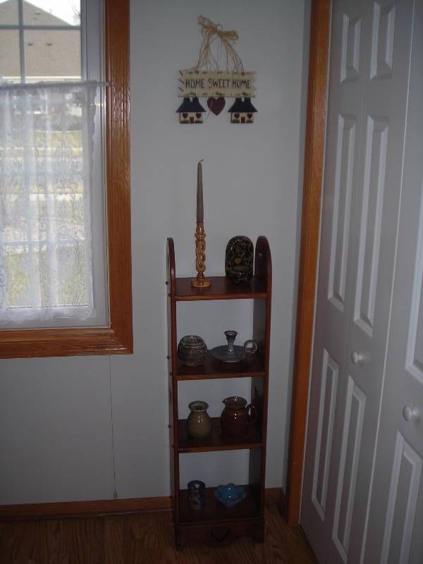 lot 21 image: Home Sweet Home Sign, Pine Shelf With Hand Crafted Pottery