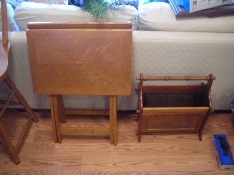 lot 25 image: 4-Wood TV Trays With Stand, Cane Side Magazine Rack