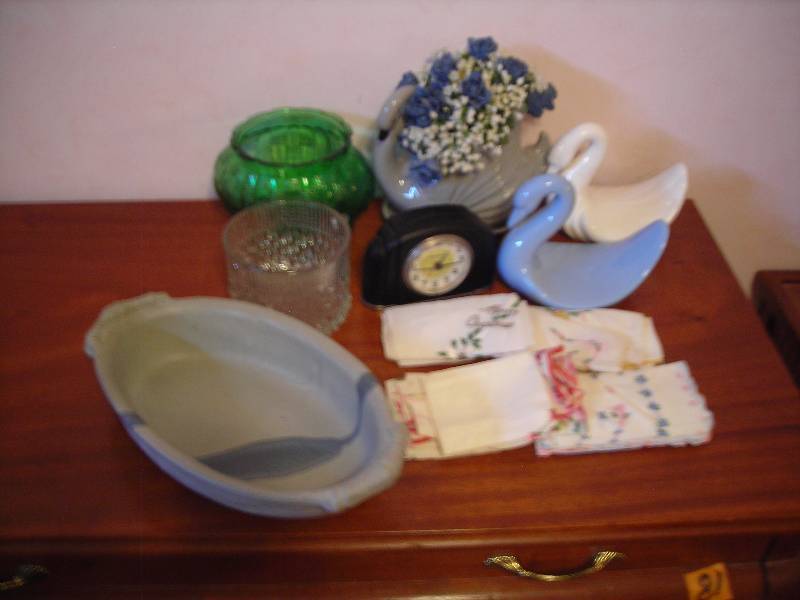 lot 83 image: Vintage Embroidered Hankies, Glassware, Clock
