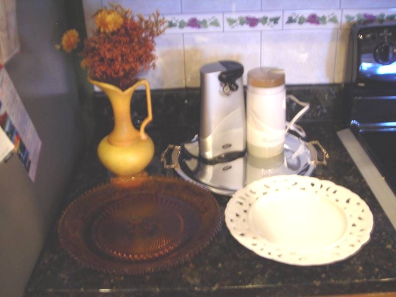 lot 113 image: Amber Glass & Other Platters, Oster Can Opener