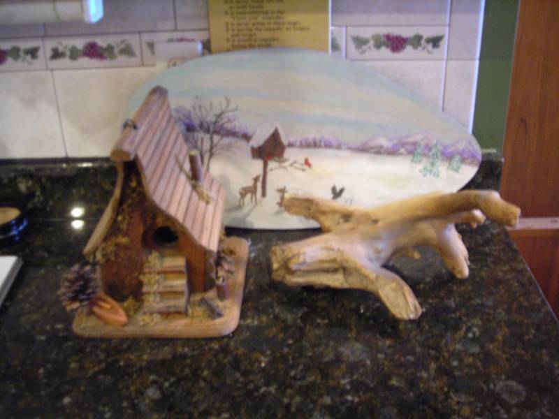 lot 126 image: Lot Wood Decor-Painted Tree Slab, Driftwood, Birdhouse