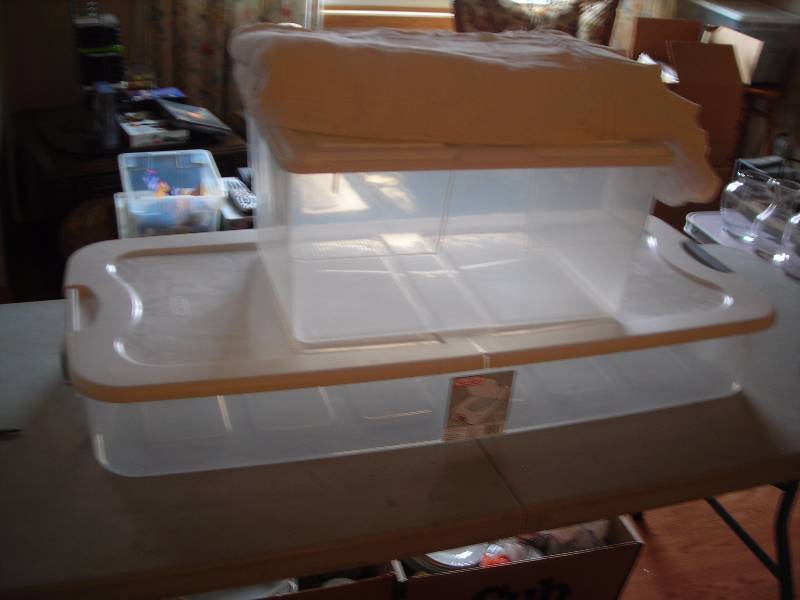 lot 141 image: 2-Tote Bins With Lids, Cotton Bed Spread