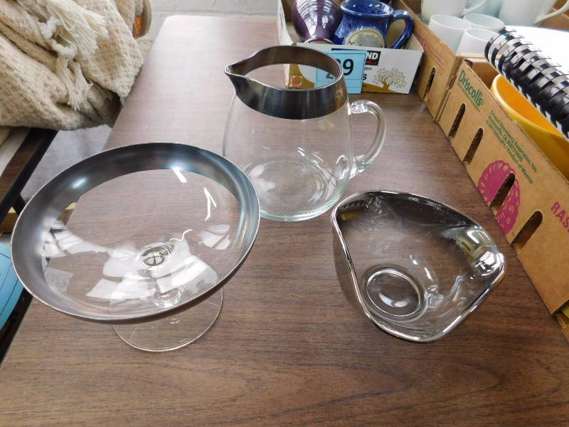 3 glass and silver tone lined serving items