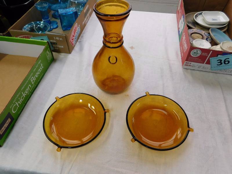 3 Amber glass items