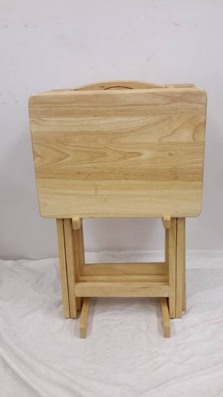Set of 4 wooden tv trays on rack
