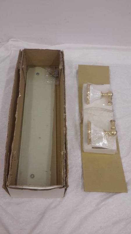 New in box glass shelf with brackets and hardware