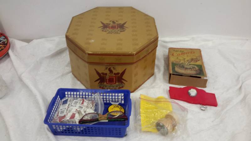 Hat box, Decorator kit, basket of misc