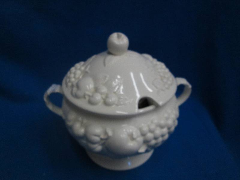 Large decorated white pot with lid ...