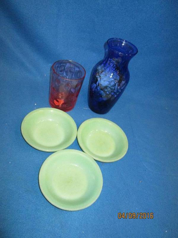 Blue vase, pink glass, 3 green side...