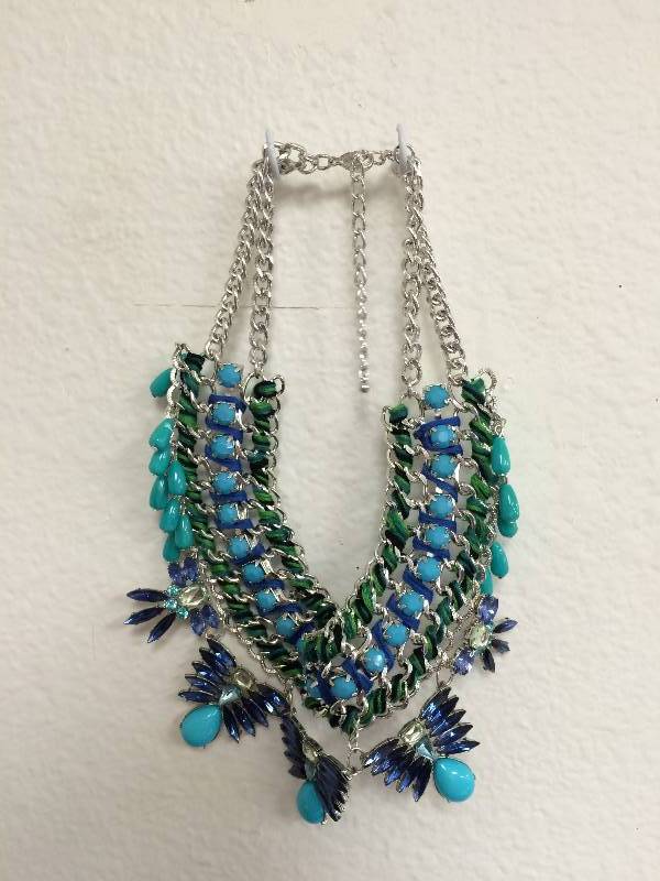 SilverBlue Green Multi Colored Ornate Collar Necklace