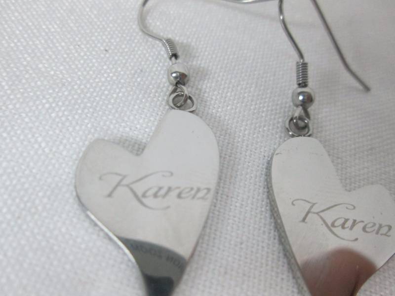 lot 62 image: Stainless Steel Personalized Heart Drop Earrings