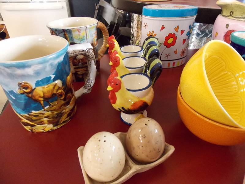 MUGS, CONTAINERS, DISHES, EGG CUPS, EGG SALT AND  PEPPER SHAKERS AND CUP COZY