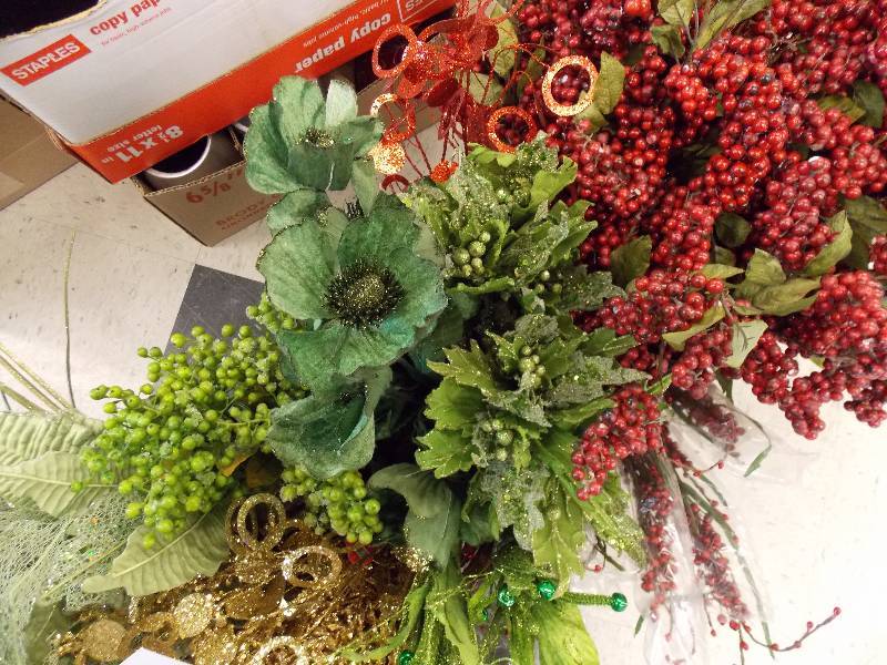 CHRISTMAS BERRIES, LEAVES, GRASSES, PODS, POPPIES AND POINSETTIA
