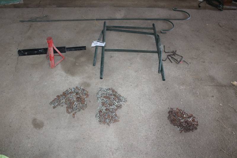 Lot of (6) Tools Including Chains Jack Stand Shepherds Hook And More