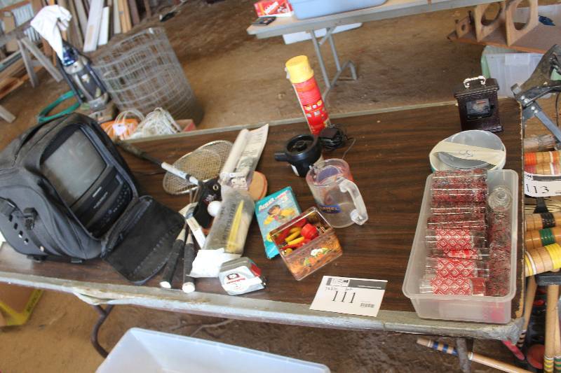 Table Lot Including Glassware Portable TV Toys Tools