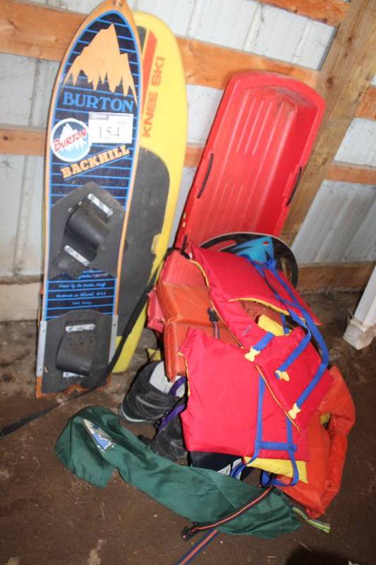 Lot of Boating Supplies Including Vests Boards