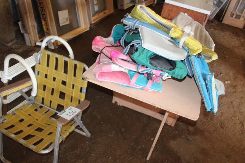 Lot of Boating Supplies Including Vests Chair