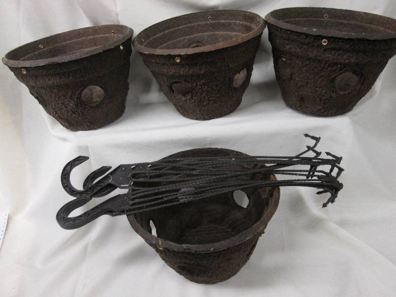 Lot of 4 brown porous hanging basket planters