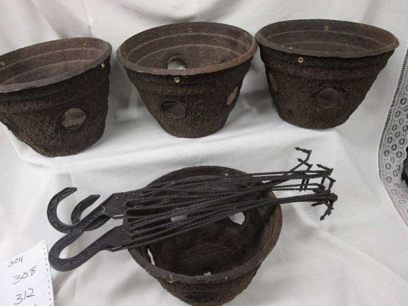 Lot of 4 brown porous hanging basket planters