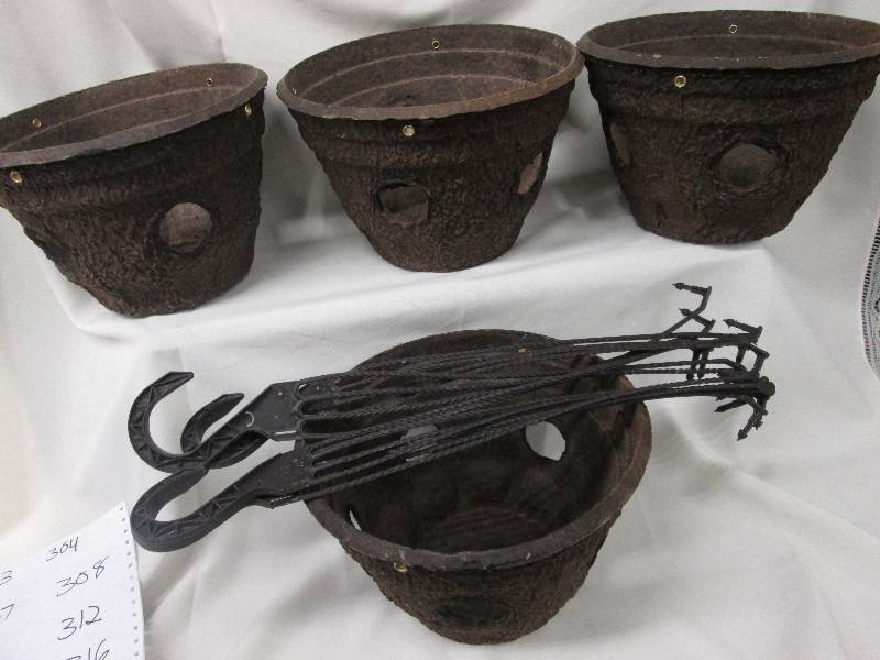 Lot of 4 brown porous hanging basket planters