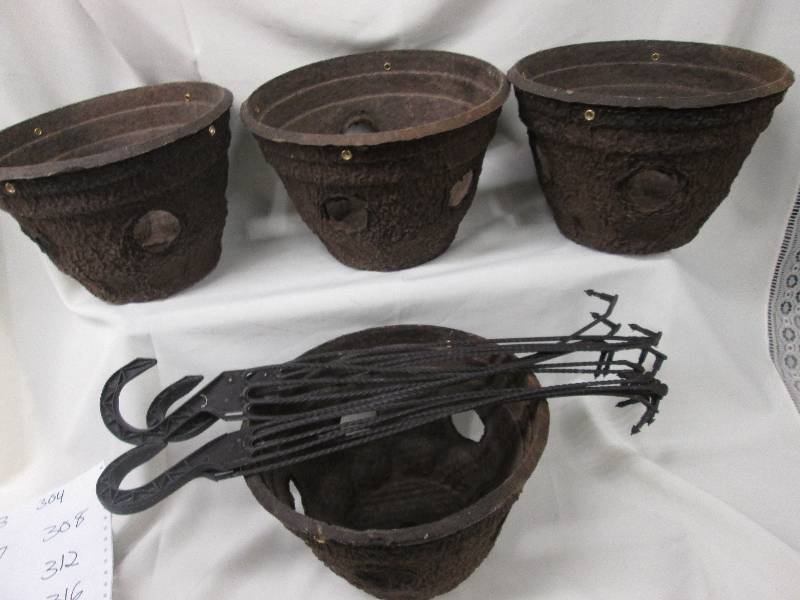 Lot of 4 brown porous hanging basket planters