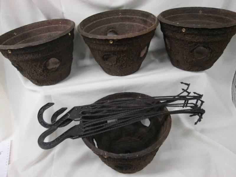 Lot of 4 brown porous hanging basket planters