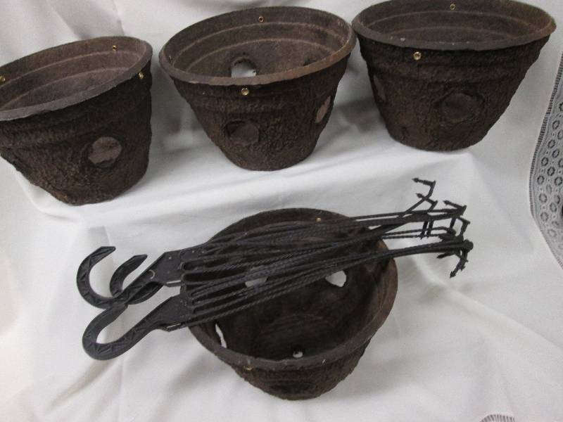 Lot of 4 brown porous hanging basket planters