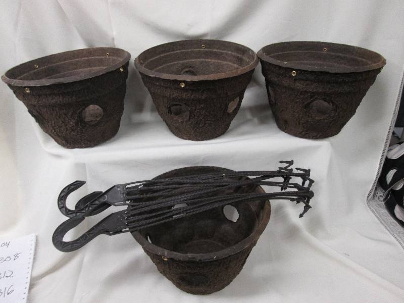 Lot of 4 brown porous hanging basket planters