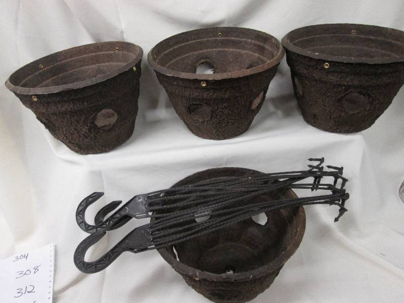 Lot of 4 brown porous hanging basket planters