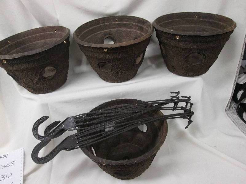 Lot of 4 brown porous hanging basket planters